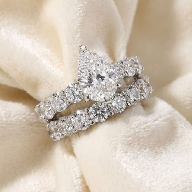 Pompeii3 Pear Shape Diamond Eternity Wedding Ring Set 14k Gold White US 8 3