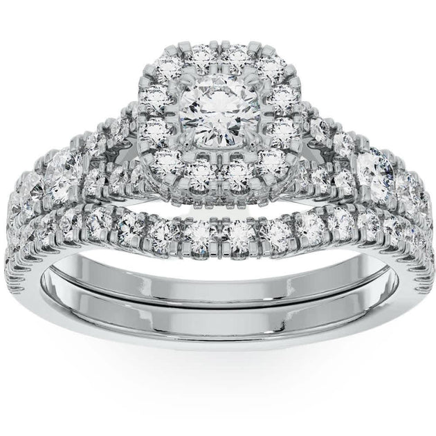 Pompeii3 Cushion Halo Diamond Ring Set White US 6 3