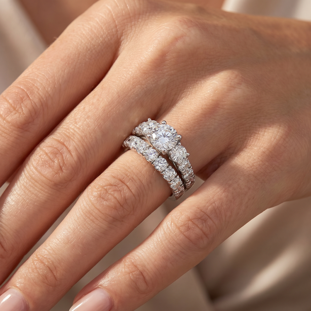 Pompeii3 3-Stone Diamond Engagement Wedding Ring Set Silver US 4 4