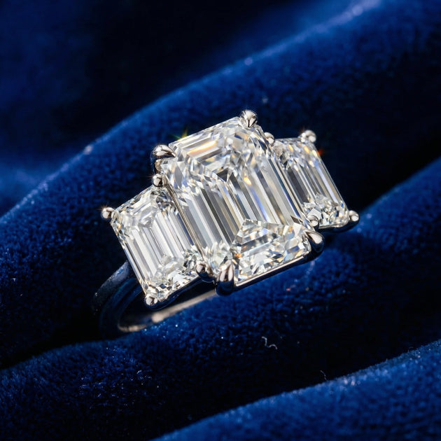 Pompeii3 3-Stone Emerald Cut Diamond Engagement Ring Silver US 8.5 4