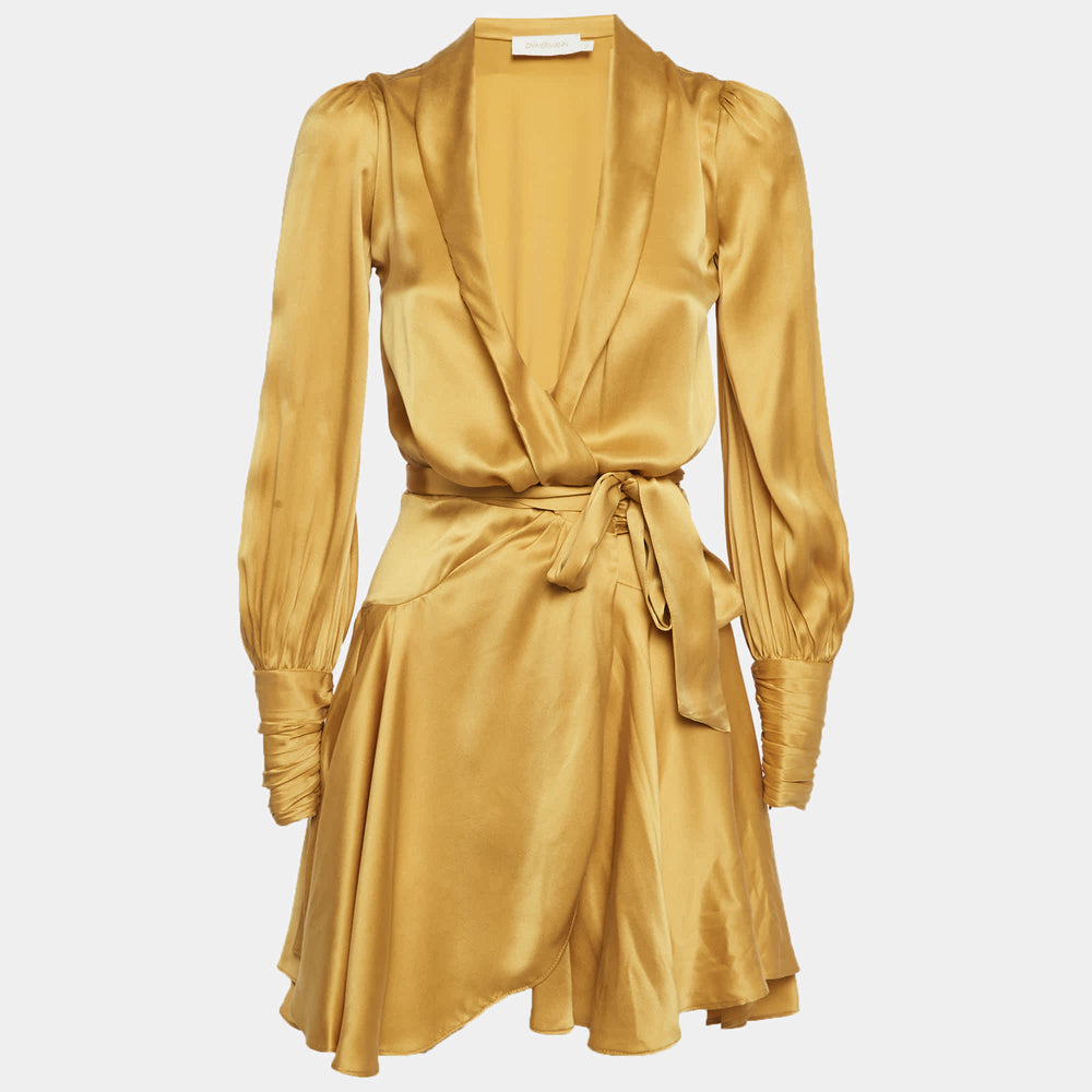 Zimmermann Gold Silk Wrap Ruffle Mini Dress