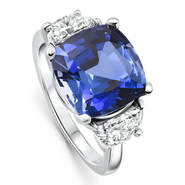 Pompeii3 8.50Ct TW Cushion Blue Sapphire Diamond 3-Stone Ring 14k White Gold White US 6 3