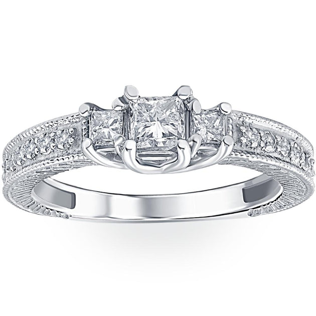 Pompeii3 Vintage Three Stone Diamond Engagement Ring White Gold US 5 2