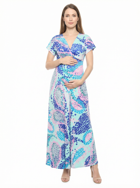 24seven Comfort Apparel Robe Longue de Maternité Abstract Col V Taille Empire Multi 1X 2