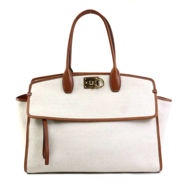 Salvatore Ferragamo Canvas Leather Handbag Ivory Small 2