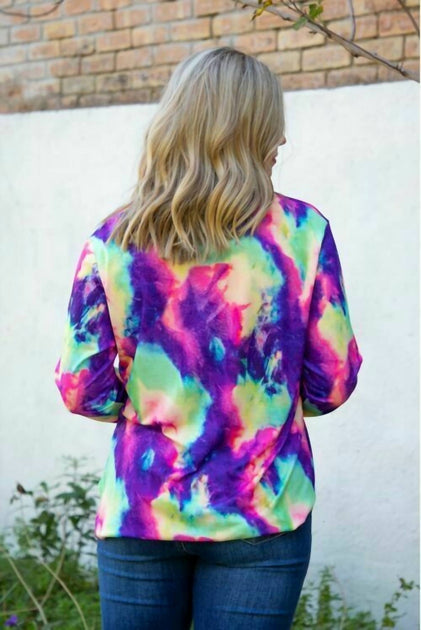 Lucky & Blessed Tie Dye V Neck Sequin Pocket Top Multi Medium 3