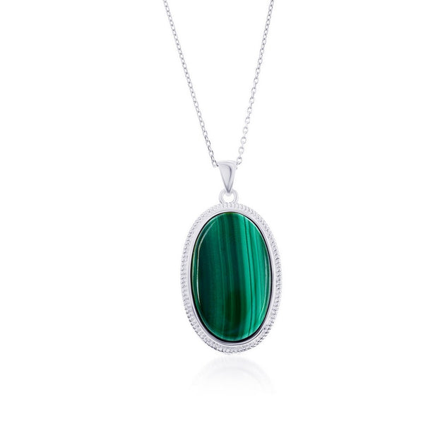 Simona Oval Malachite Pendant Necklace Green Sterling Silver 2
