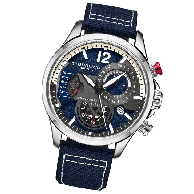 Stuhrling Original 909 Quartz Aviator Silver Blue 45mm 3