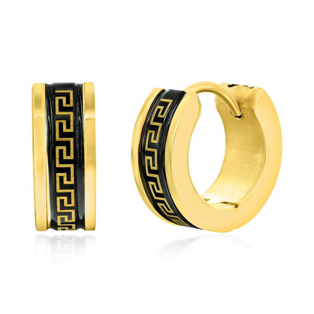 Blackjack Stainless Steel 13mm Greek Key Hoop Earrings Black/Gold 2