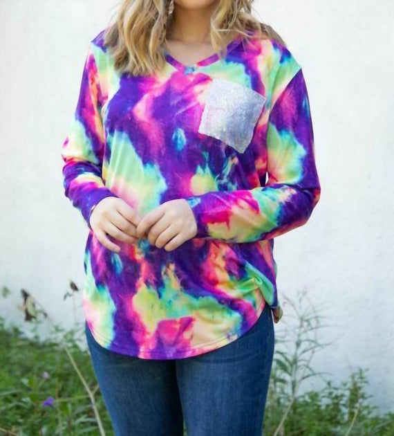 Lucky & Blessed Tie Dye V Neck Sequin Pocket Top Multi Medium 2
