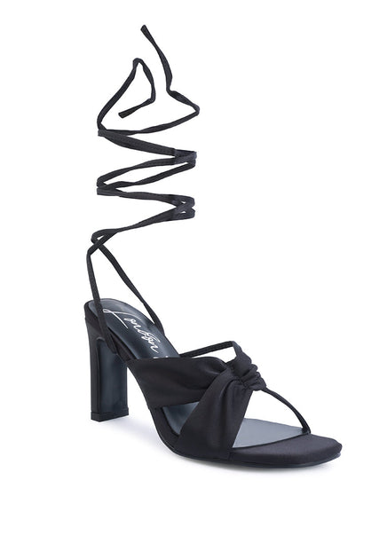 London Rag Chasm Ruched Satin Tie-Up Block Heel Sandals Brown US 9 3