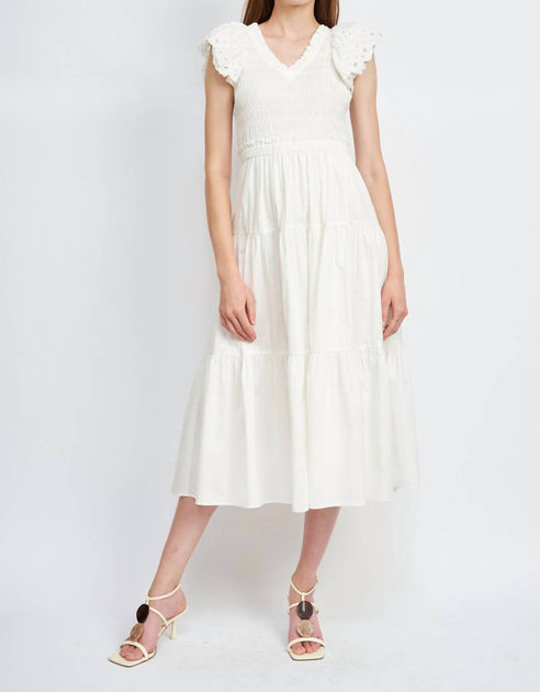 alana smocked midi dress En Saison Alana Smocked Midi Dress In White