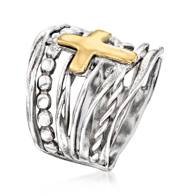 Ross-Simons Multi-Row Cross Ring Silver and 14kt Yellow Gold US 6 4
