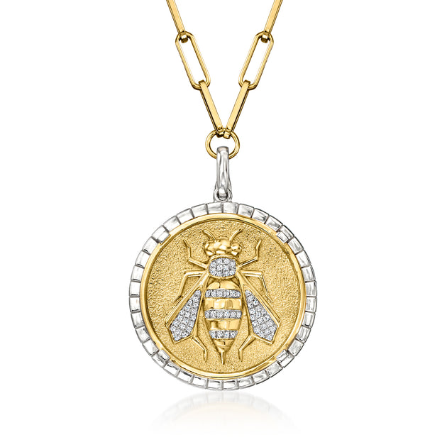 Ross-Simons Diamond Bumblebee Medallion Paper Clip Link Necklace Gold 2