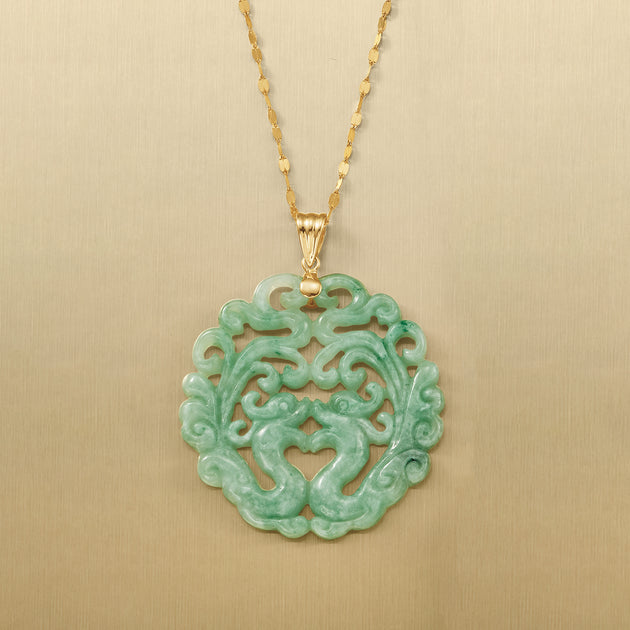 Ross-Simons Carved Jade Phoenix Pendant 14kt Yellow Gold Green 4