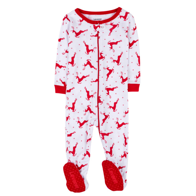 Leveret Kids Footed Cotton Pajamas Red White 5T 2