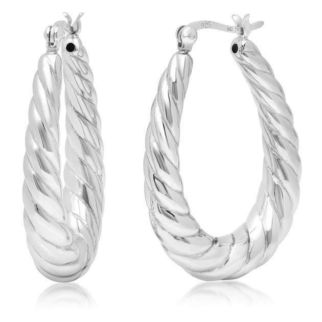 MaxColor Sterling Silver Rope Texture Oval Hoop Earrings White 2