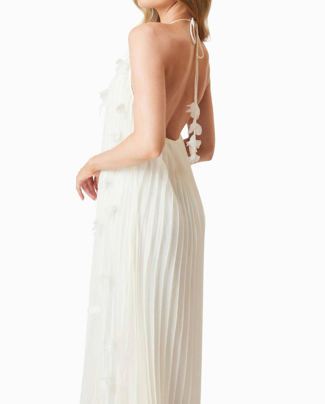 ELLIATT Emelia Floral Appliqué Pleated Georgette Halter Maxi Dress In Ivory 