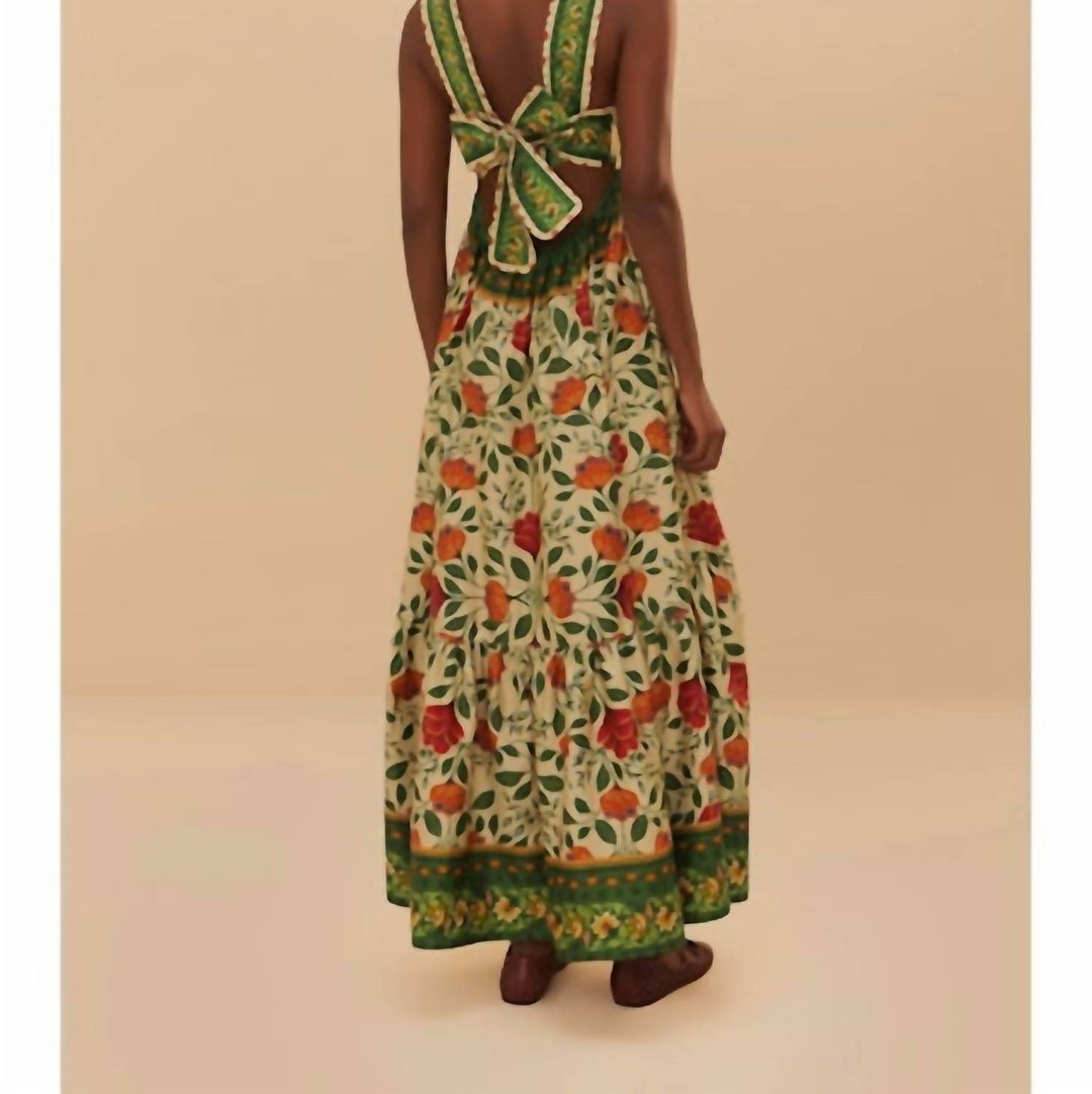 garden tapestry maxi dress FARM RIO Back Bow In Sand Contrasting piping down the Color:Emerald Green AMDOLE Fashion Women Casual new_40_off_4th