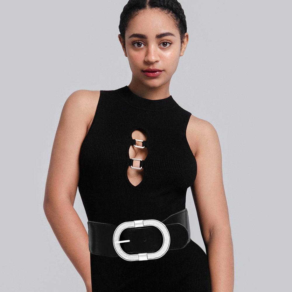 FASHNZFAB Stone Paved Open Oval Buckle Accented Elastic Belt  display picture 2