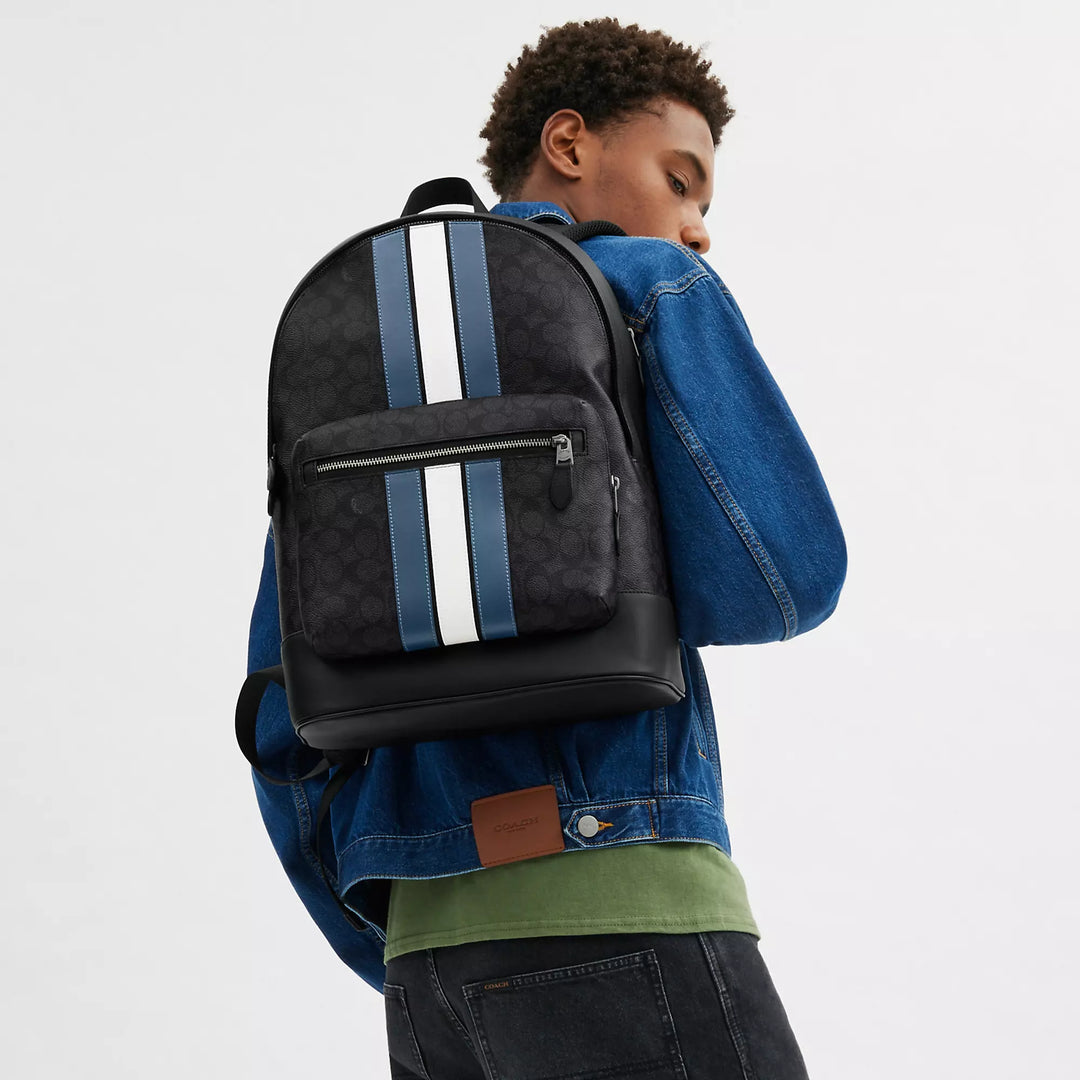 coach backpack with blue white stripe Coach Outlet West Backpack In Signature Canvas With Varsity Stripe