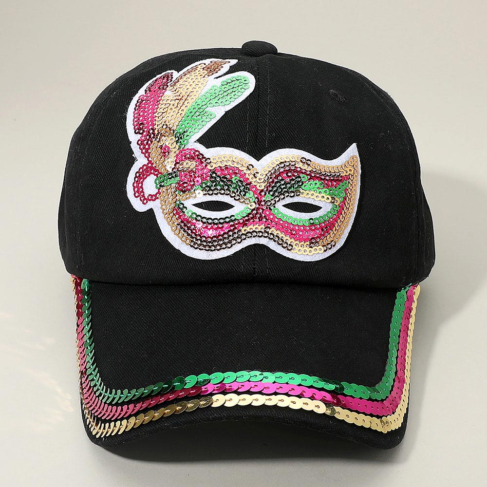 Black Fleur De Lis Patch Mardi Gras Sequin Brim Baseball Cap Hat FASHNZFAB Sequin Mardi Gras Mask Patch Baseball Cap | ShopSimon main image 4