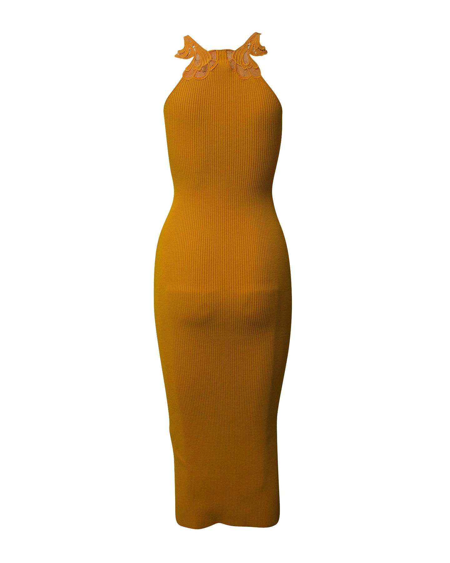 Self-Portrait Self Portrait Lace Insert Knit Midi Dress in Yellow Viscose