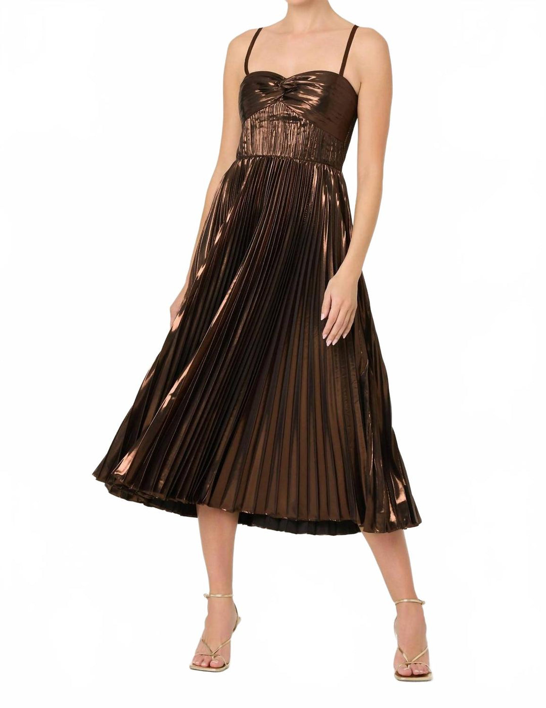 ASTR Ascella Pleated Midi Dress In Metallic Brown | ShopSimon