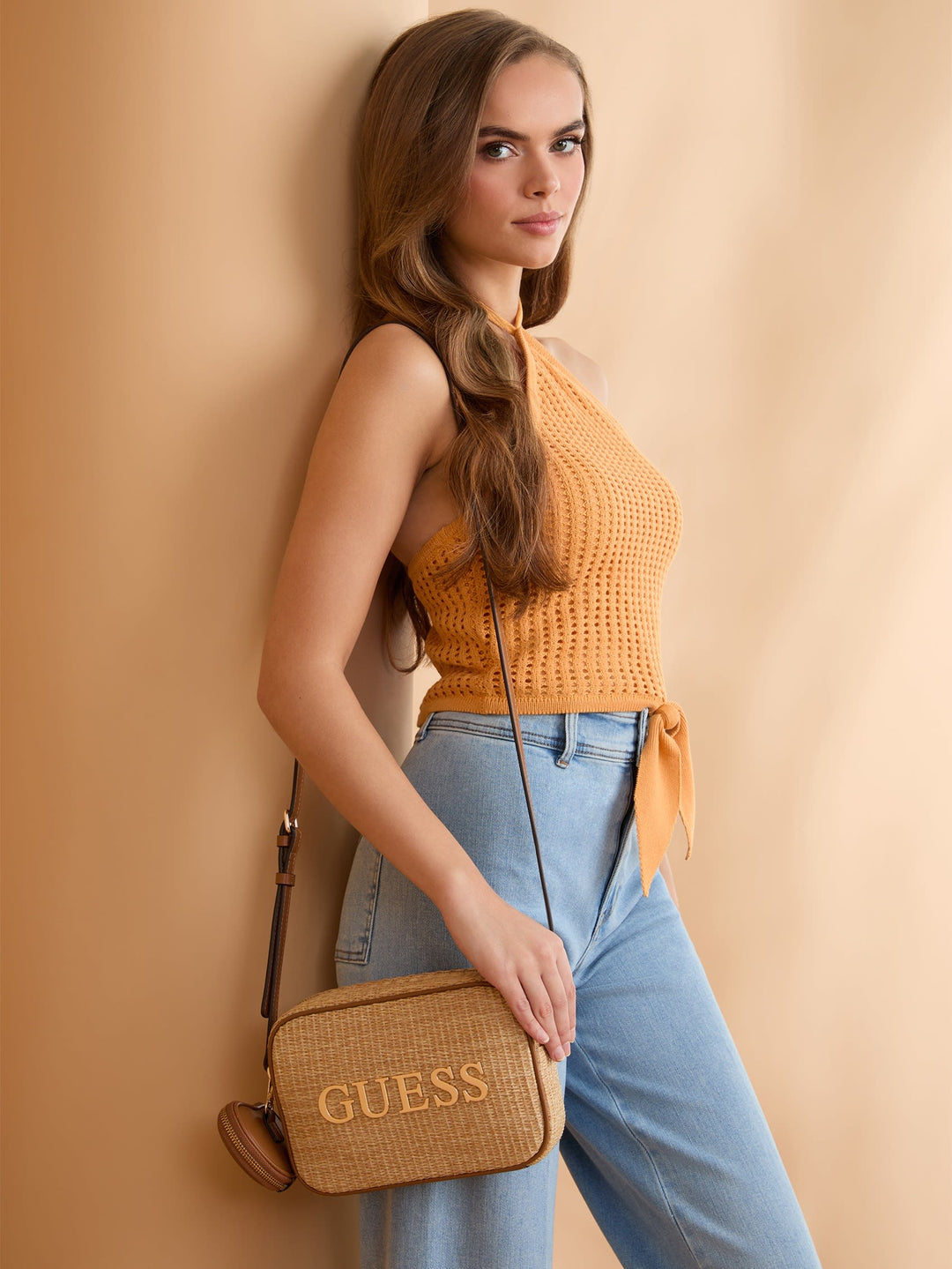 Guess Factory Pristina Straw Camera Crossbody | ShopSimon