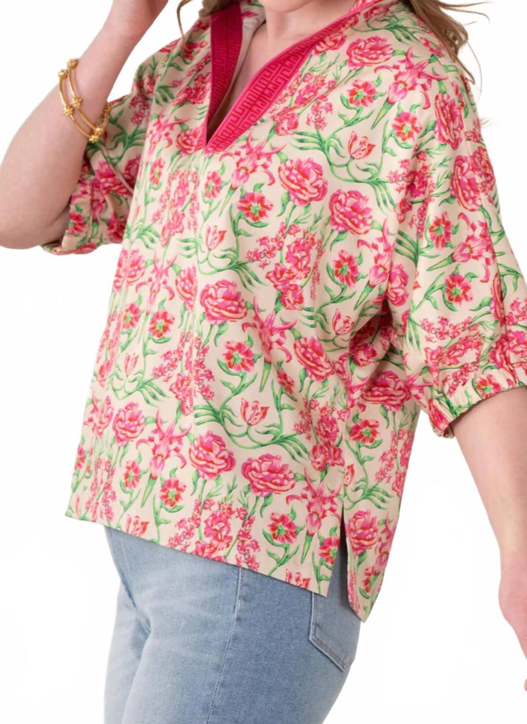 Emily McCarthy Floral Garden Cheetah Poppy Top In Red/pink