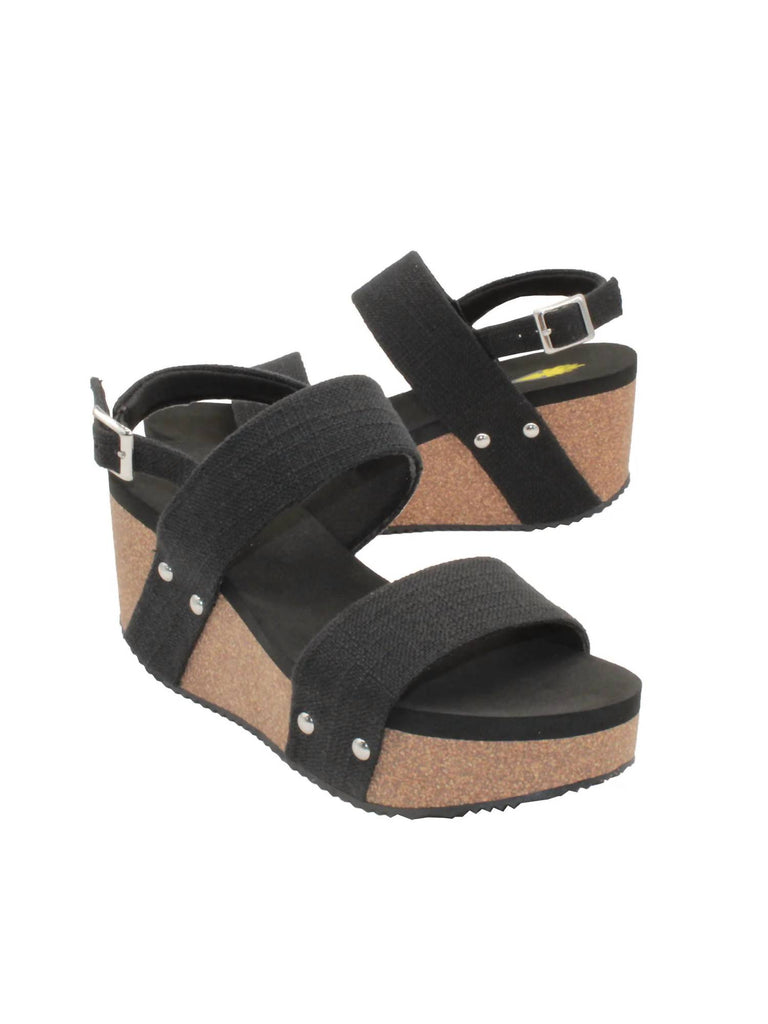 VOLATILE Women's Summerlove Linen Strap Wedge Sandal In Black Linen |  ShopSimon