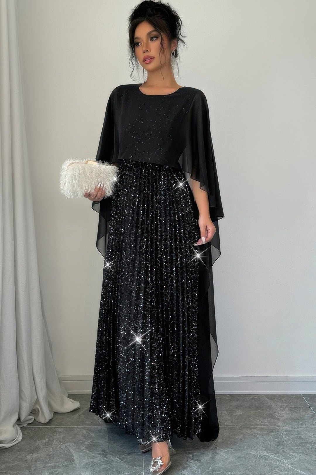 Elegant Sequin Satin Knit Pleated Long Dress