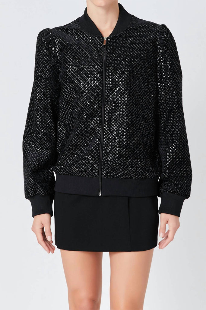 endless rose Velvet Sequin Bomber Jacket In Black ShopSimon