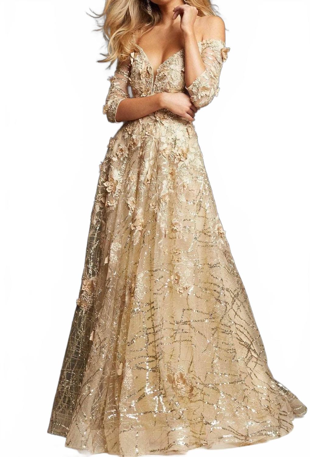 JOVANI Quarter Sleeve Mother Of The Bride Gown In Champagne