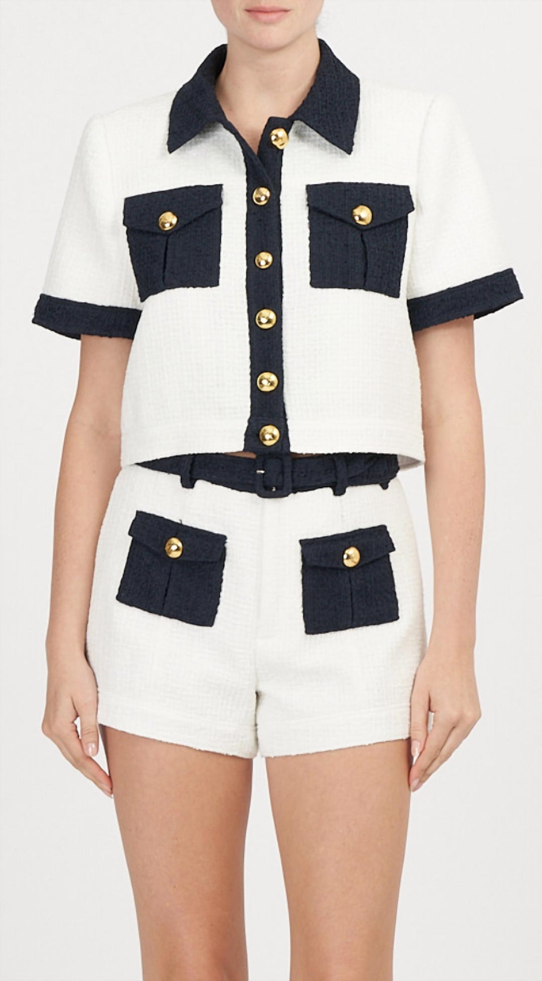 cinq a sept Nissy Bicolor Tweed Cropped Jacket In White Navy