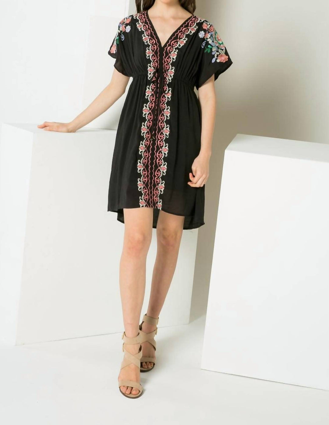 THML Embroidered Short Dress In Black