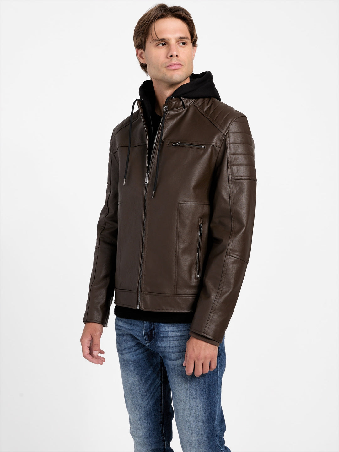 Guess Factory Davino Faux-Leather Hooded Moto Jacket | ShopSimon