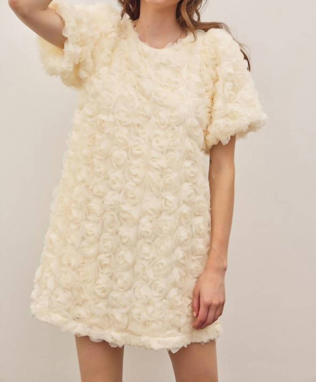 In February Rose Applique Bubble Sleeved Mini Dress In Vanilla | ShopSimon In February Rose Applique Bubble Sleeved Mini Dress In Vanilla | ShopSimon
