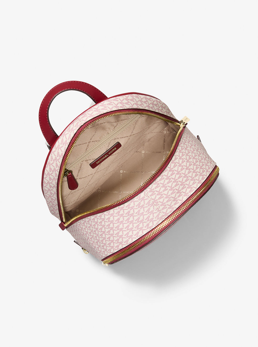 Michael Kors Rhea Zip Backpack Logo front Mesh Red gold & MK Wristlet NEW Michael Kors Outlet Rhea Medium Metallic Signature Logo  main image 3