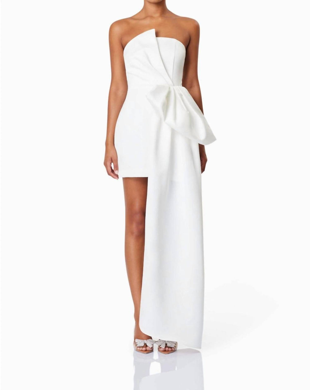 alice bow strapless mini dress in white ELLIATT Alice Bow Strapless Mini Dress In White