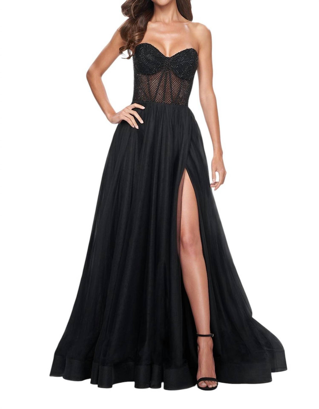 La Femme Tulle A-Line Fishnet Prom Dress In Black