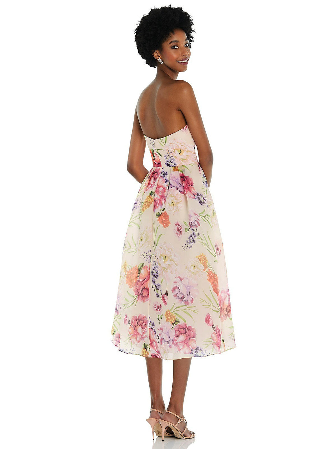 Alfred Sung Strapless Pink Floral Organdy Midi Dress