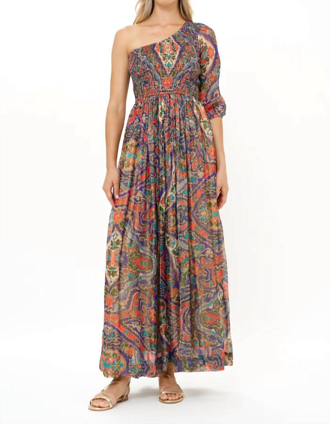 oliphant long sleeve dress Oliphant Puff Sleeve One Shoulder Smocked Maxi Dress In Persia Cobalt