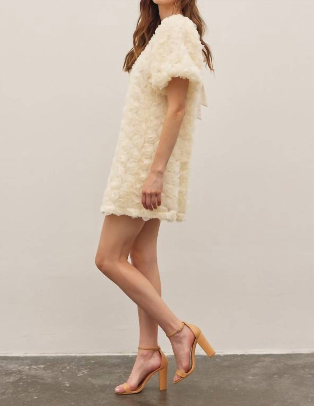 In February Rose Applique Bubble Sleeved Mini Dress In Vanilla
