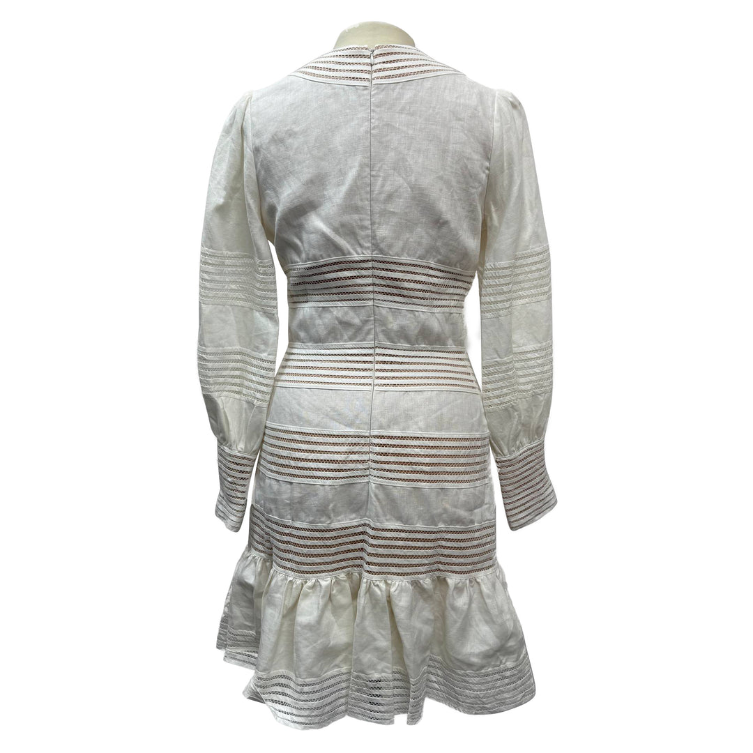 Zimmermann Crochet Trimmed Mini Dress In White Linen