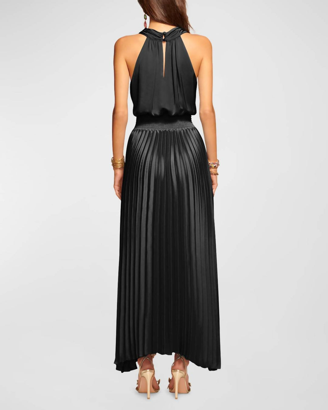 Ramy Brook Arina Pleated Halter Midi Dress In Black | ShopSimon