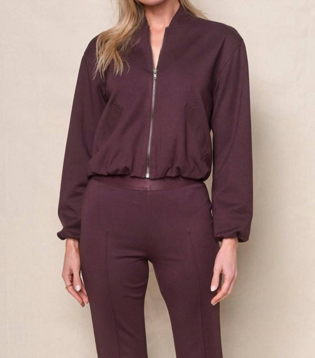 STATESIDE Luxe Ponte Bomber Jacket In Cabernet | ShopSimon