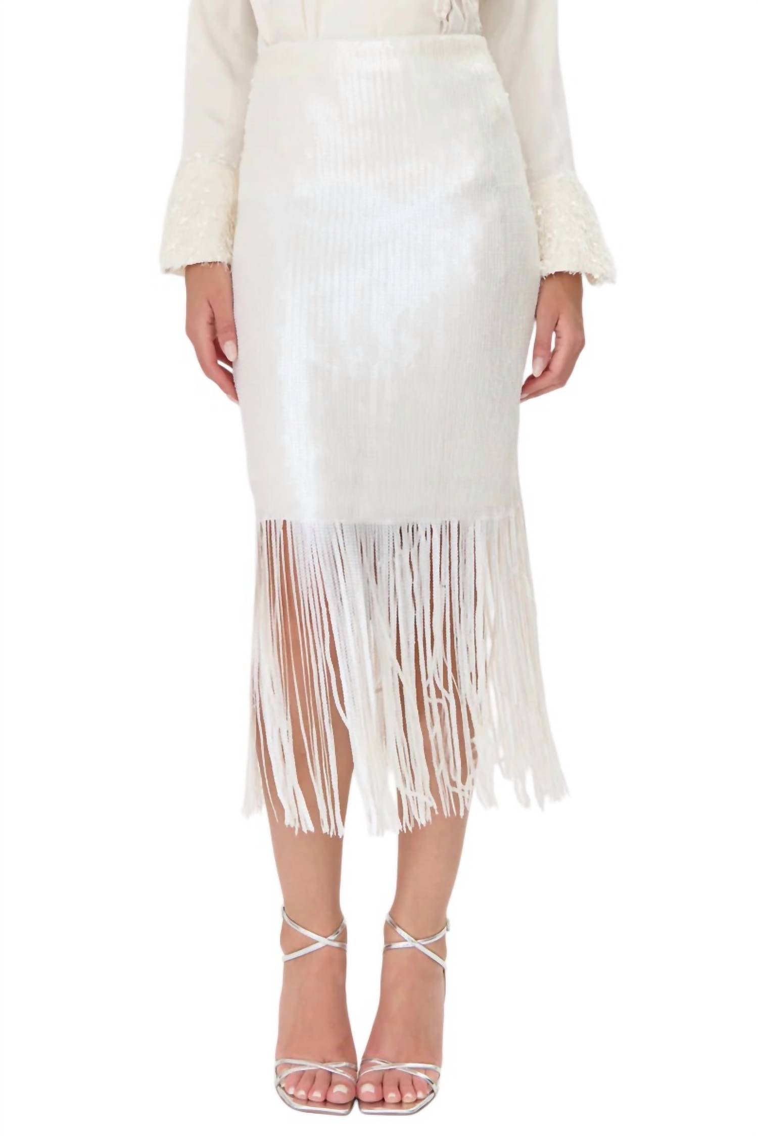 adelyn rae Milana Sequins Fringe Midi Skirt In Matte Ivory