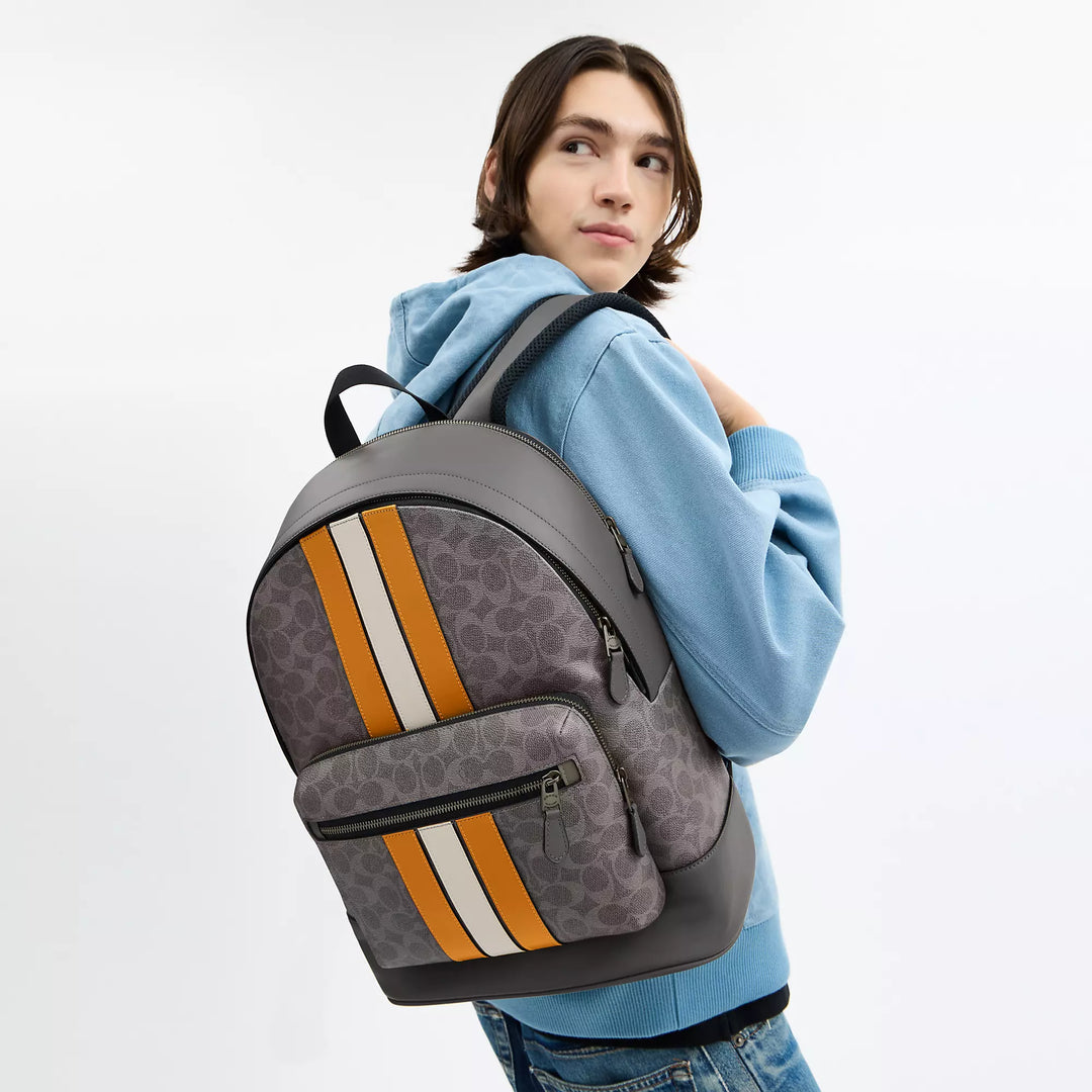 coach backpack mens stripe Buy West Bag In Signature Canvas With Varsity in Charcoal/ Denim/ Chalk 3001 Online in Singapore go silhouette canvas men's coach backpack Coach