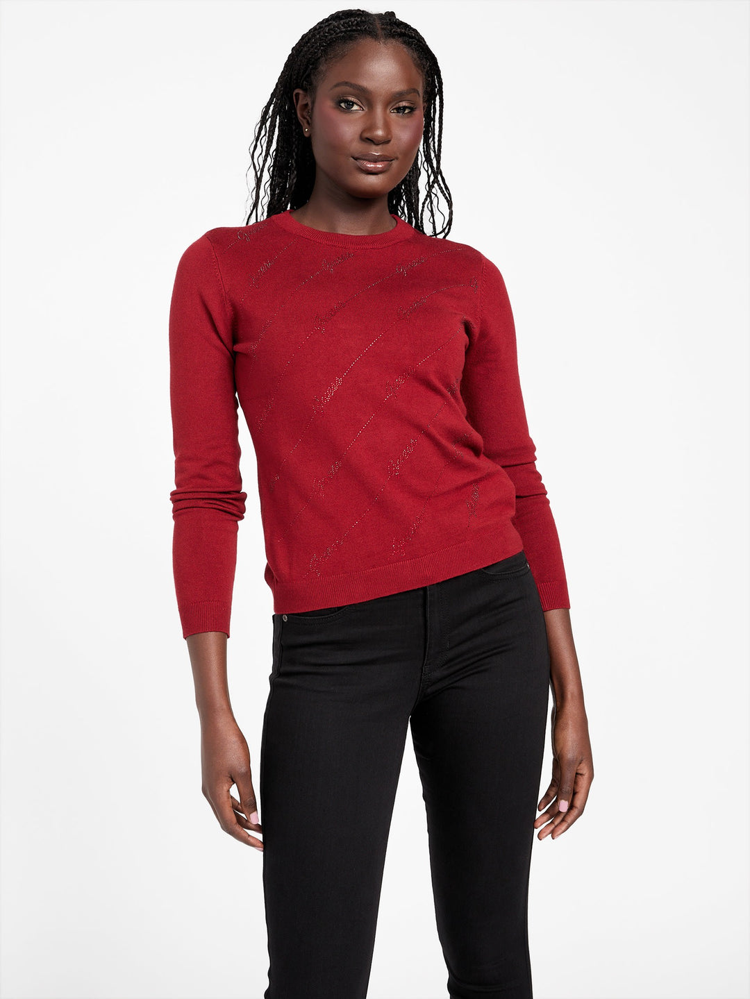 Guess Factory Peggy Rhinestone Logo Sweater | ShopSimon